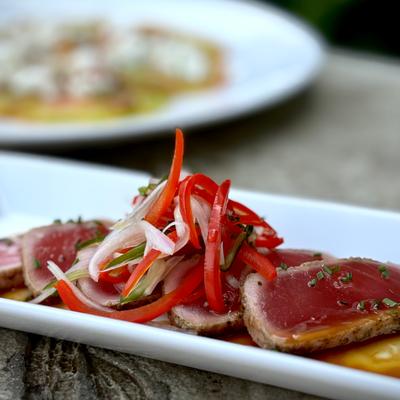 Seared tuna with peppers.