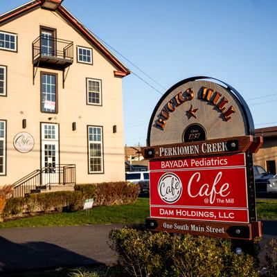 Exterior, view of the Cafe and signage.