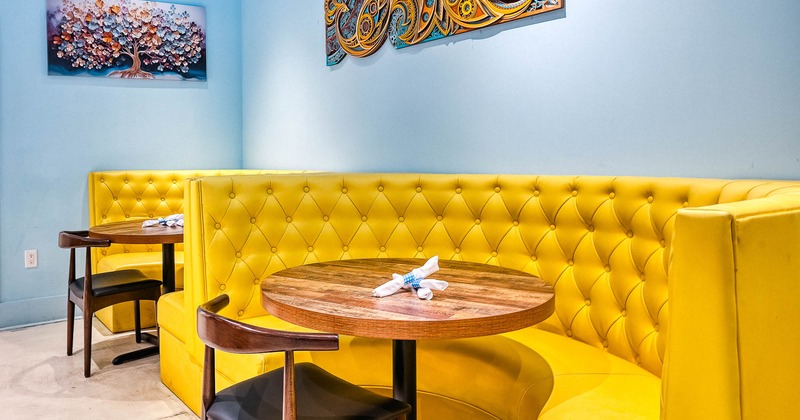 Interior, yellow restaurant booth