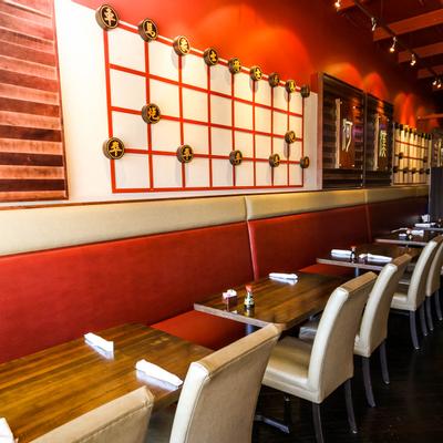 Interior, guest tables, chairs and wall bench seats