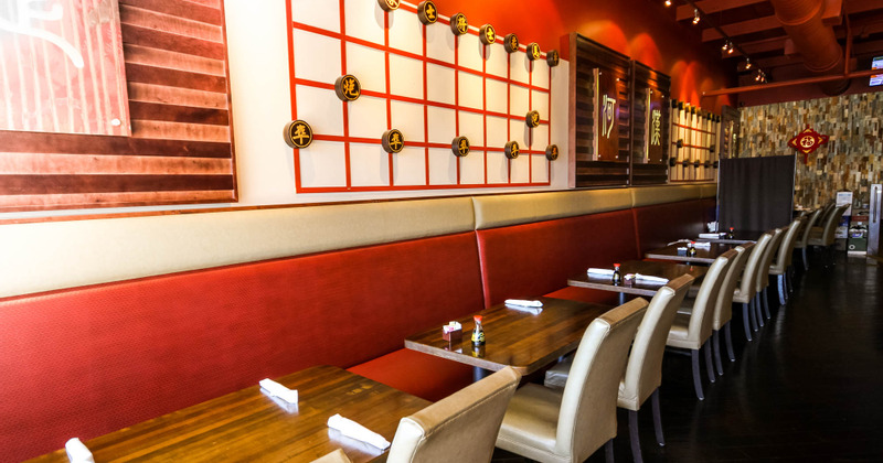 Interior, tables ready for guests. wall decoration