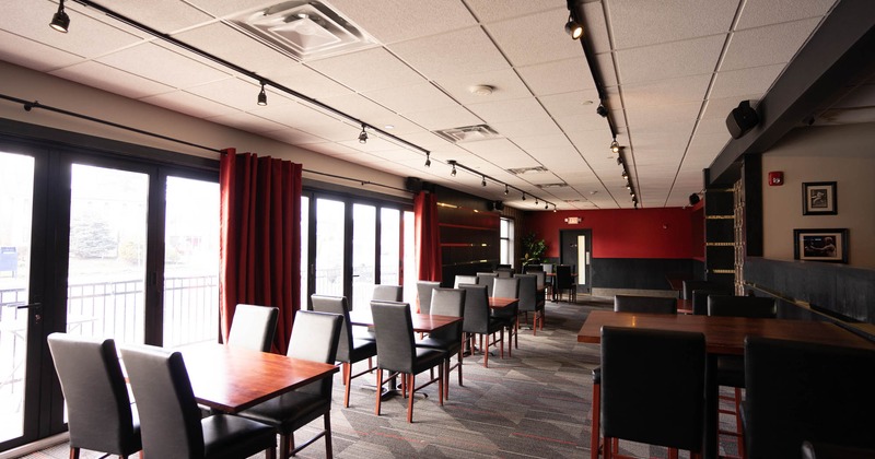 Interior, lined up tables for four