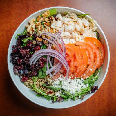 Bowl of Craisin Chicken Salad, overhead view.