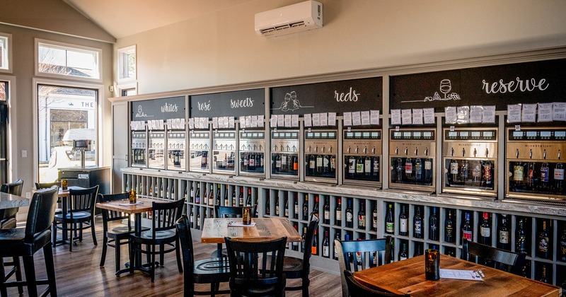 Interior seating area and self-serve wine bar