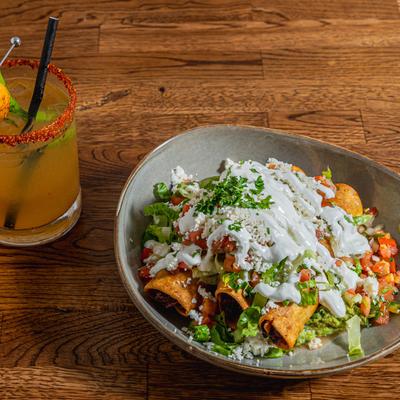 Chipotle Chicken flauitas and a Oaxacan Spicy Margarita.