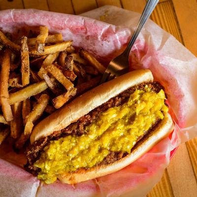 Chili and slaw coney and fries.