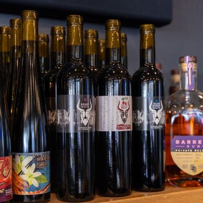 Assorted wine bottles.