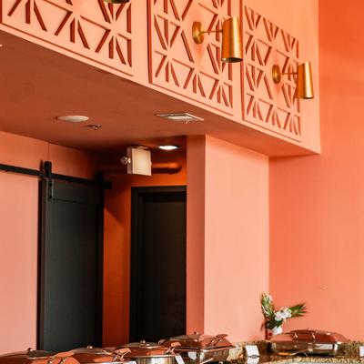 Buffet table, catering trays.