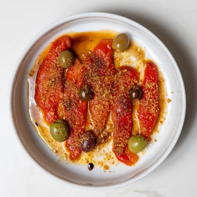 Marinated roasted peppers and olives.