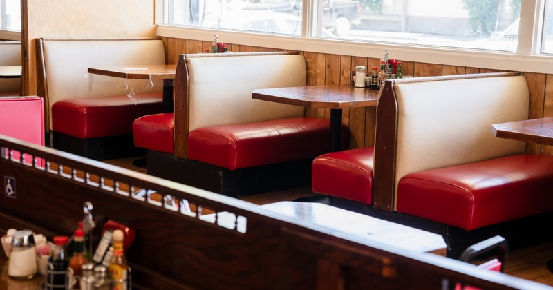 Interior, red and white leather dining booths