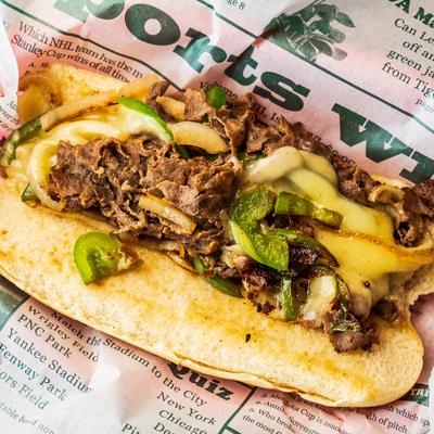 Philly Cheesesteak, top view, closeup