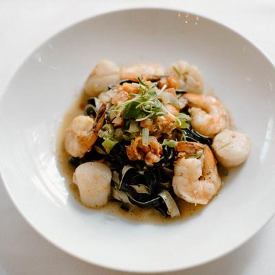 Smoked fettuccini pasta with shrimp.