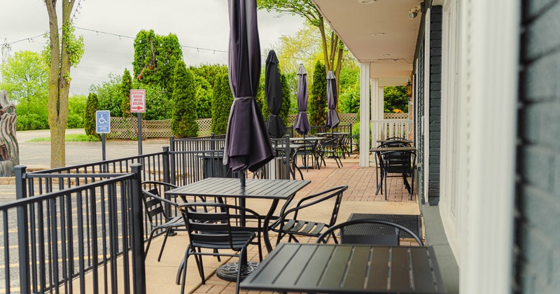 Exterior seating area, tables and chairs