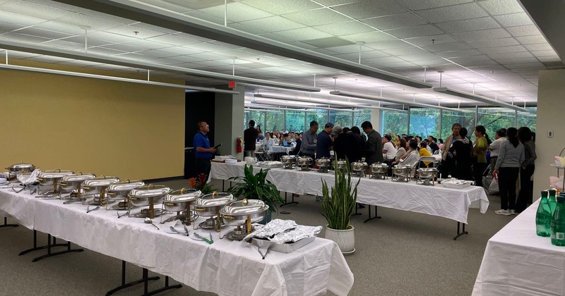 The interior of a dining hall, tables and chairs