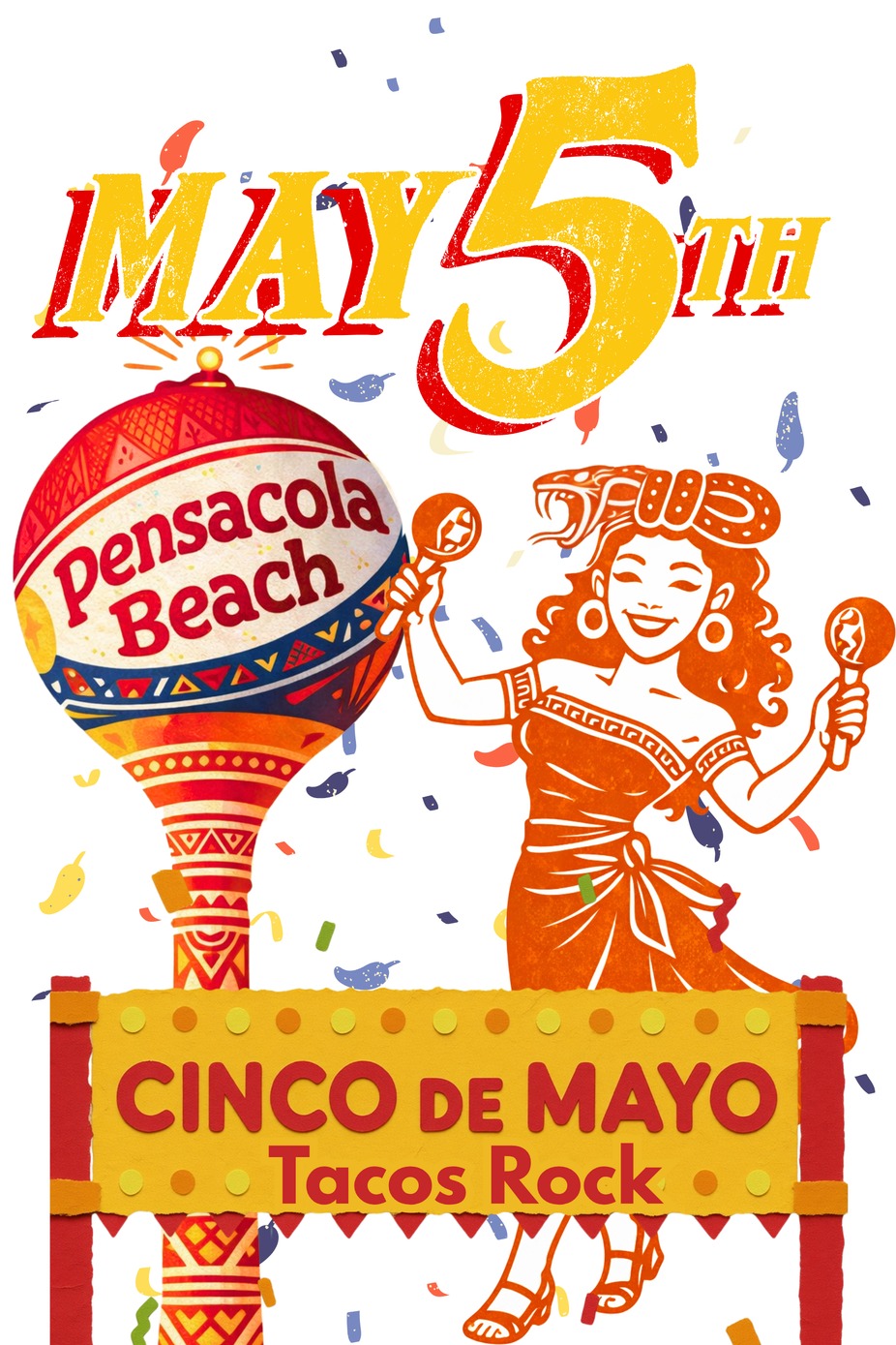 Taco Rocks Cinco de Mayo event flyer featuring tequila specials, margaritas, live music, and taco eating contest in Gulf Breeze.