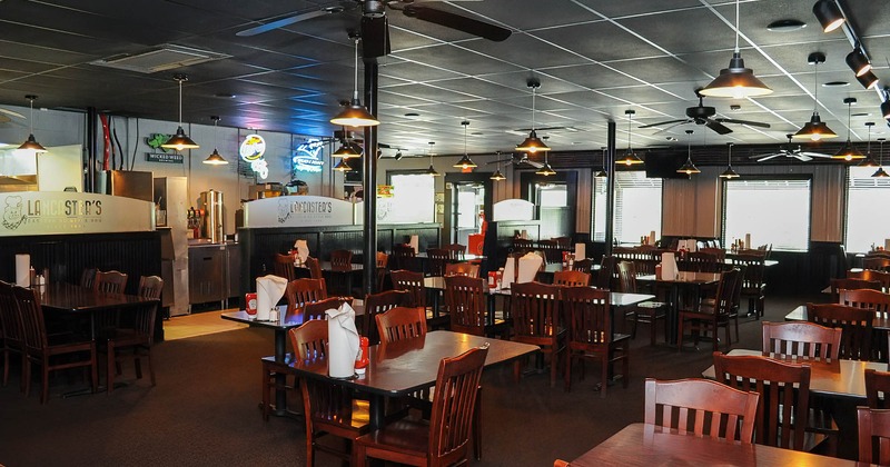 Interior, dining tables and seats