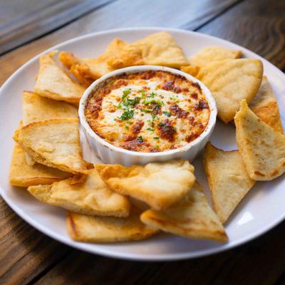 Crab and Shrimp Dip with fried pita chips.