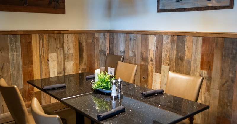 Interior, seating area set for guests