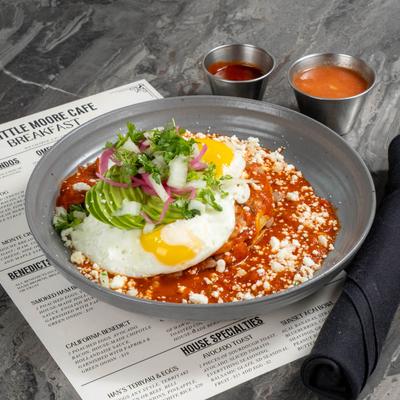 Huevos rancheros meal, served.