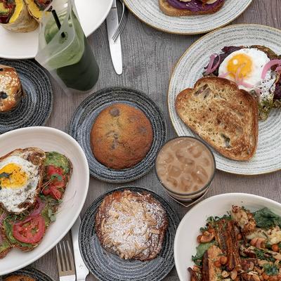 Different types of dishes and drinks, top view