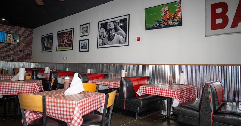 Interior, dining area with pictures on the wall