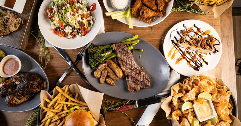 Assorted dishes served, top view