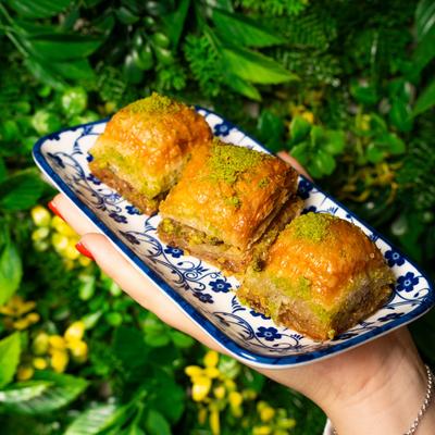 Hand holding a plate of pistachio baklavas against a leafy background.