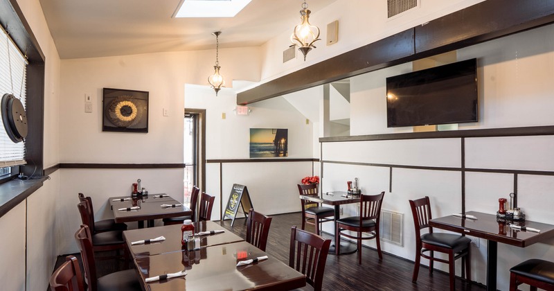Interior seating area with chairs and tables