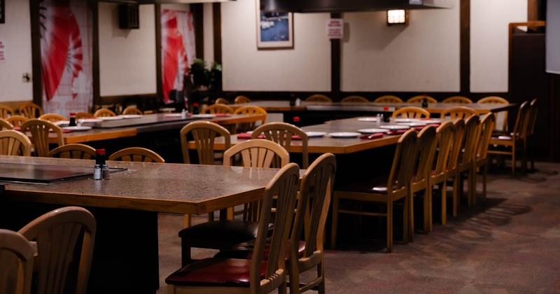 Interior, wide view of dining area, tables and chairs