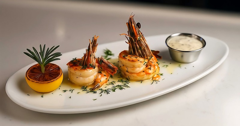 A plate of grilled shrimp served with a grilled lemon wedge and rosemary garnish
