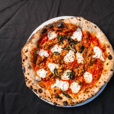 Meatball pizza, top view.