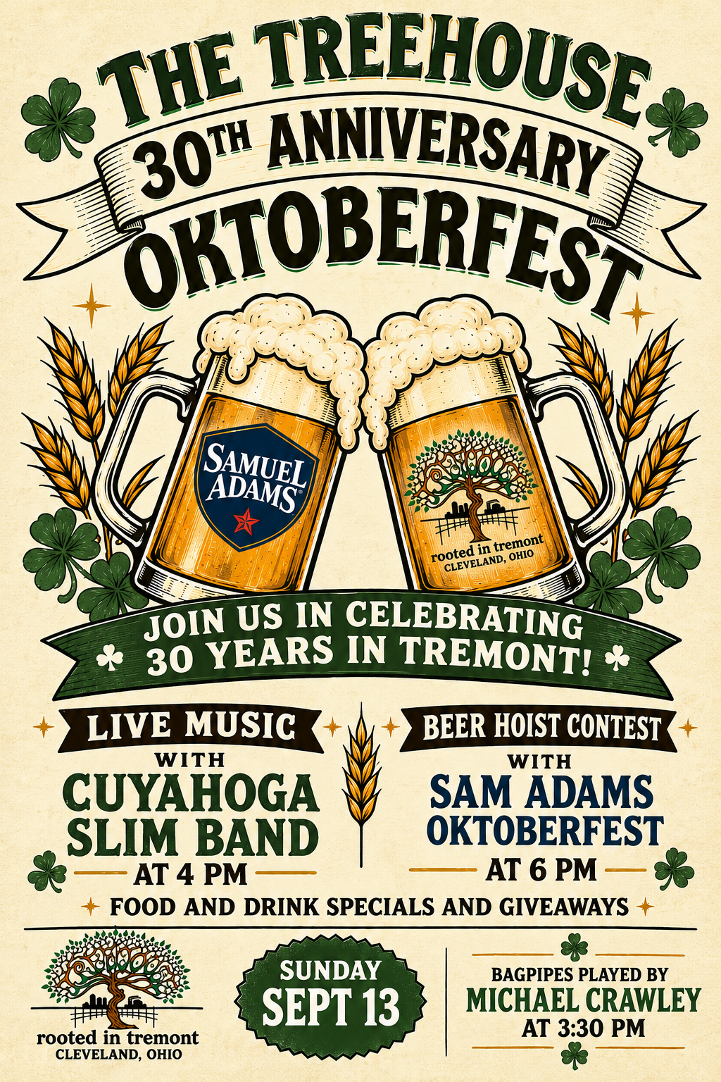A flyer to promote our 30th Anniversary Party and Oktoberfest with Live music at 4pm with Cuyahoga Slim band