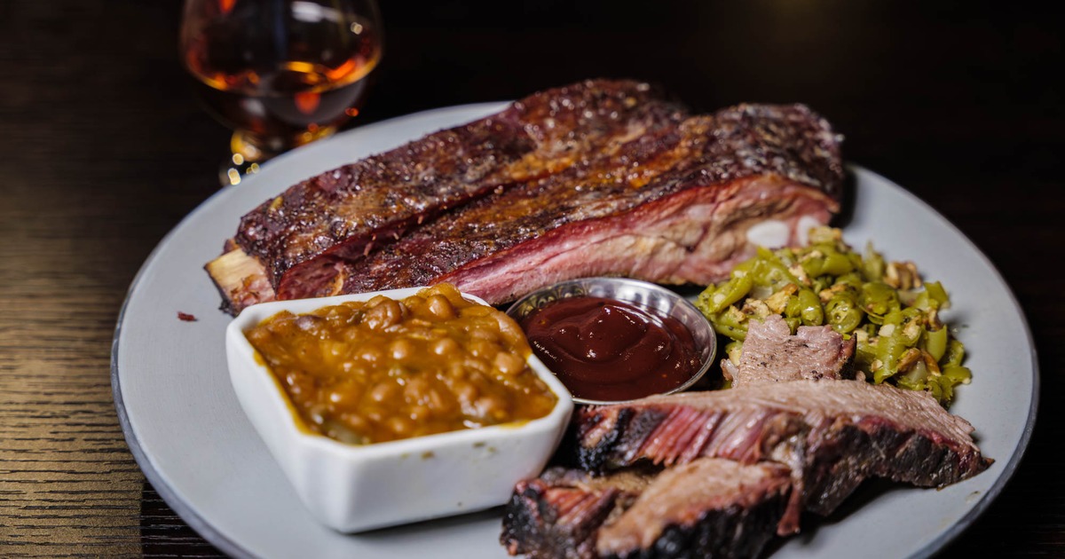 Smoked ribs, brisket, beans, and BBQ sauce