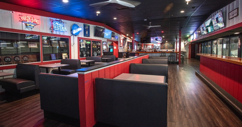 Interior space, seating area, lined-up upholstered booths