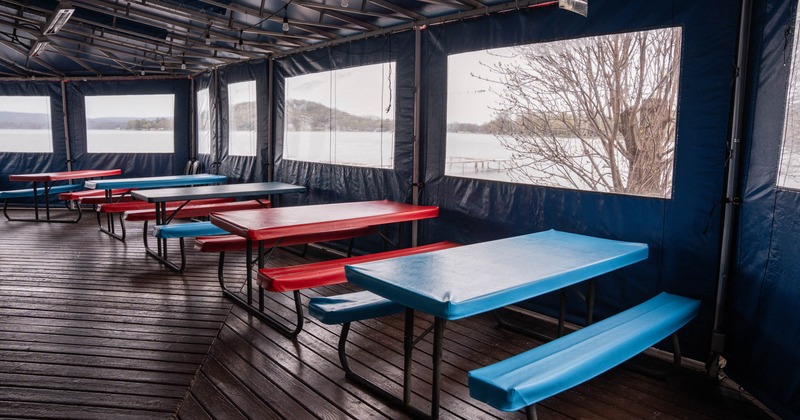 Exterior, tables and benches lined up