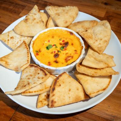 Pimento Cheese Dip served with fried pita chips.