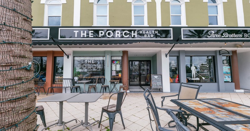 Exterior, seating space in front of the main entrance