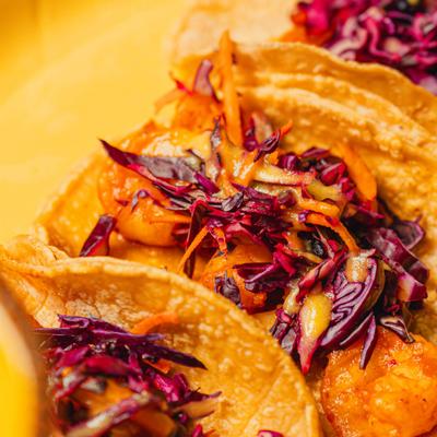 Close-up of shrimp tacos.