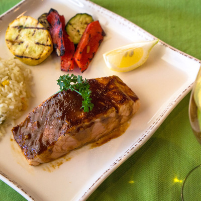 Fish with grilled veggies and rice