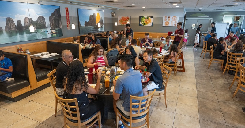 Diner tables, chairs, people