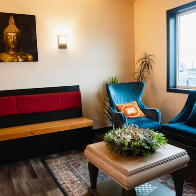 Bench, sofa, armchair, and coffee table.