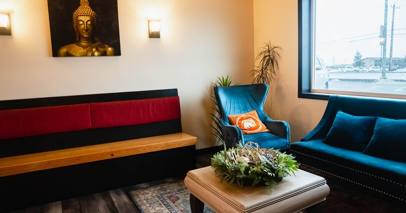 Interior, cozy corner with sofas near the window