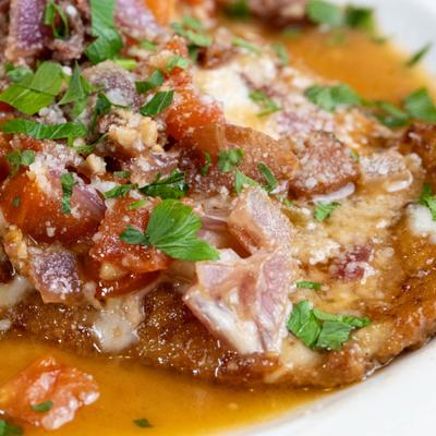 Breaded chicken, sauteed with bacon and veggies.