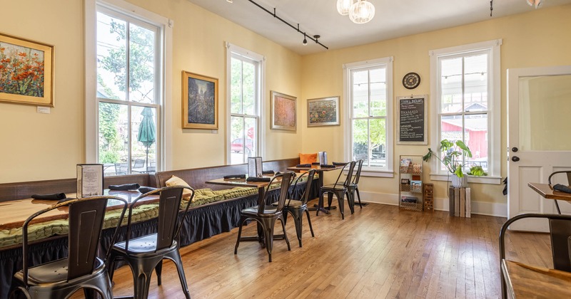 Interior, tables, chairs and high back benches