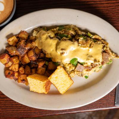 Elvis' Memphis Scramble, home fries and grilled cornbread.