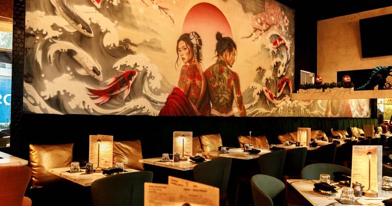 Interior, dining room with large wall mural
