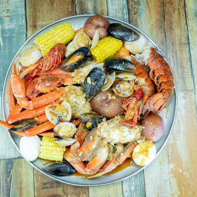 Seafood boil, top-down view.