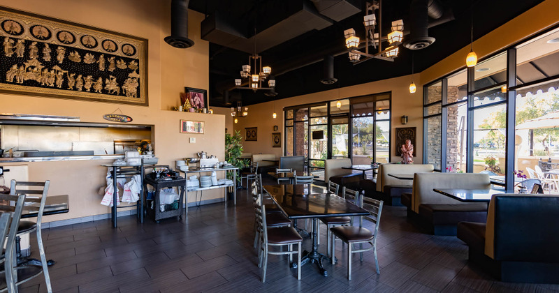 Interior, decorated seating area