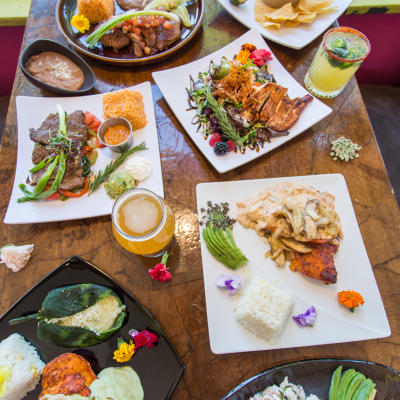 Food and drinks served on a table.