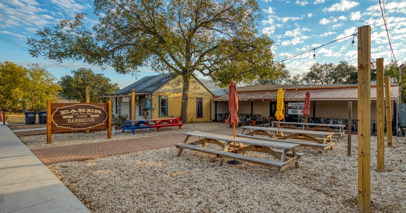 Exterior, sign, seating space